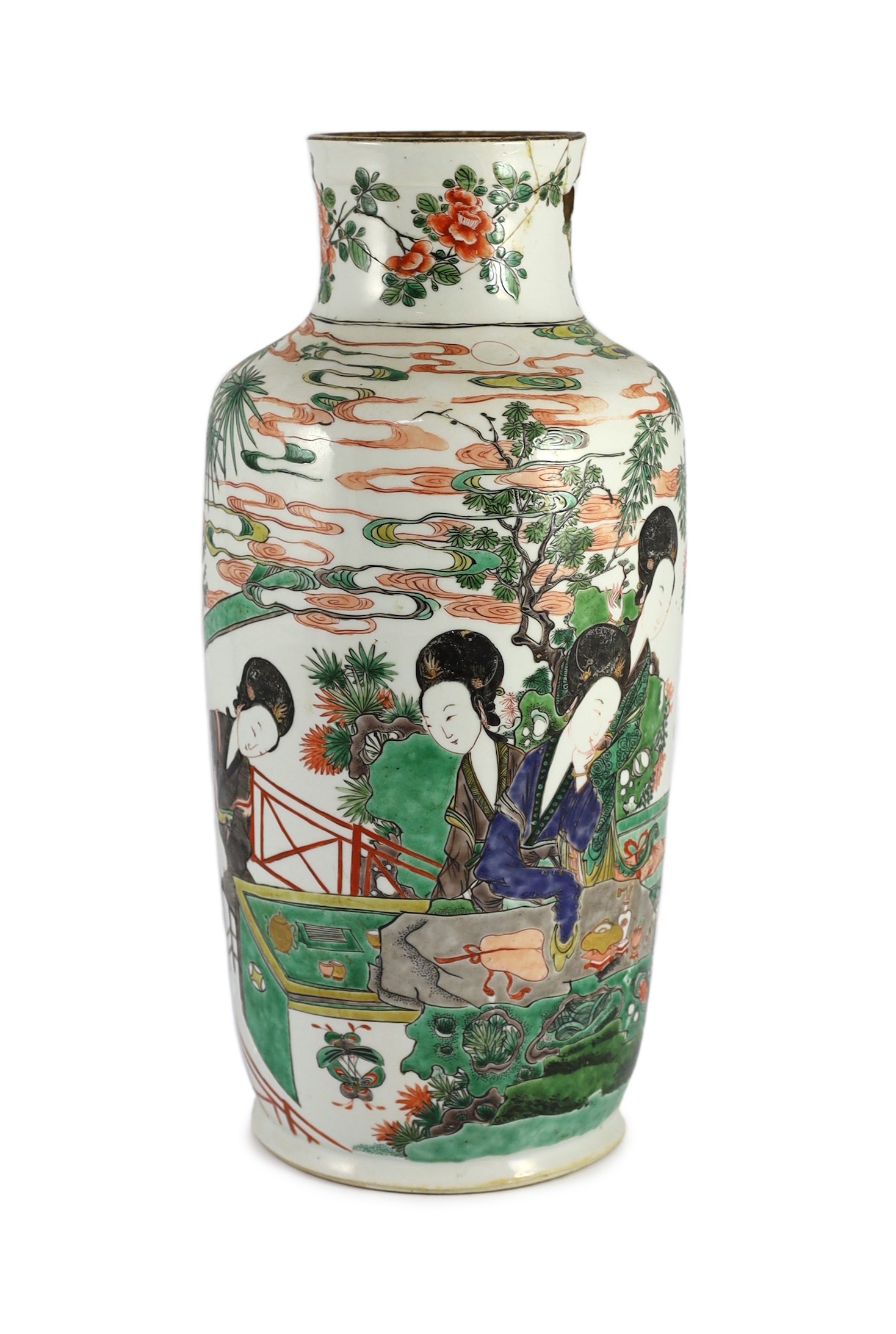 A Chinese famille verte ‘Four Beauties’ vase, Kangxi period, 41.5cm high, neck damaged